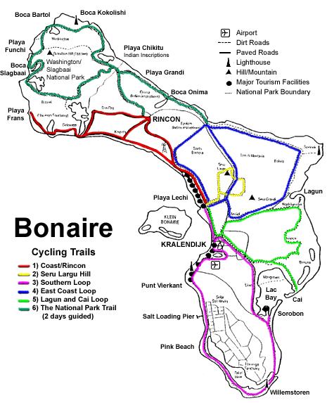Map of Bonaire's cycling trails.