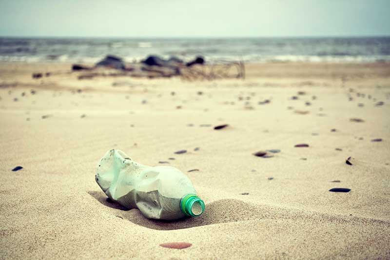Single-use plastic trash on a beach.