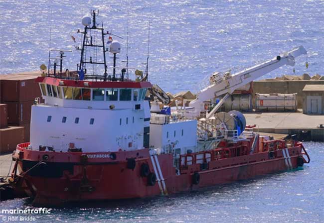 The marine survey vessel StatiaBorg, owned by JW van Stee BV / Royal Wagenborg Offshore BV, moored in Sint Eustatius. / Photo courtesy of Wagenborg.