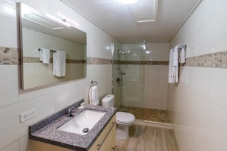 The bathroom in a three-bedroom condo at Sand Dollar.