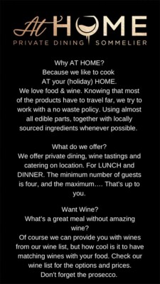 At Home Private Dining & Sommelier will take care of your entire evening so you can relax with your friends and family.